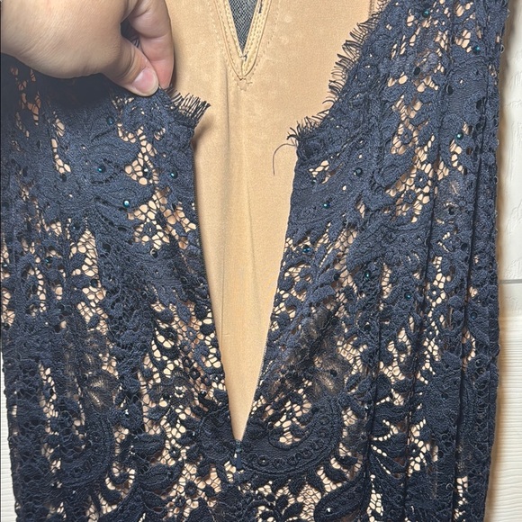 Navy Blue Evening Gown Nude Lining with Lace Overtop Beaded Plunging Neckline - Picture 8 of 16